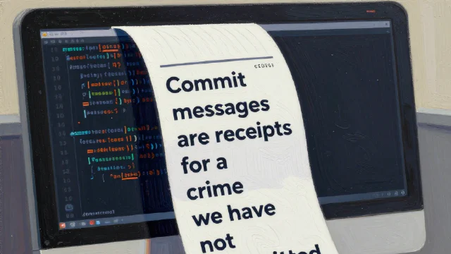 A gouache painting depicting a computer monitor standing upright on a desk, where lines of code drip down the beige casing to become thick, textured paper receipts stacked to the user's elbow. The top receipt dominates the center foreground with the full quote text 'Commit messages are receipts for a crime we have not committed yet' printed in large, high-contrast blocks that cut through the painted wood-grain texture. The mood is urgent with a slight tilt in the perspective, rendered with opaque white highlights and deep, matte shadows characteristic of gouache washes. Style: gouache painting. Mood: dramatic.